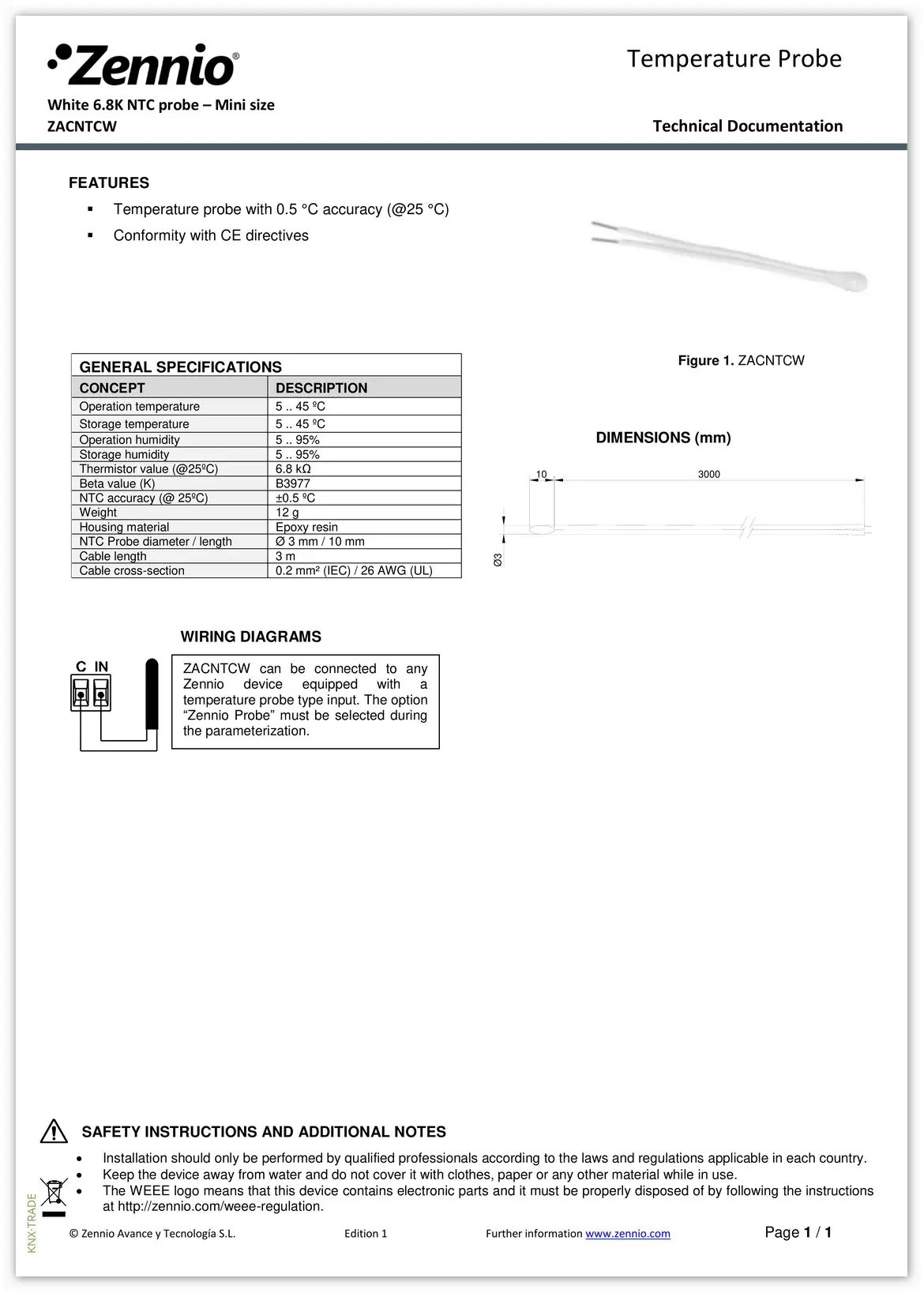 Datasheet (1) Zennio [ZACNTCW] NTC probe 6.8K mini / Датчик температуры NTC